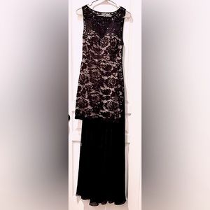 B.Darlin Bodycon Black Lace Over Nude Twinkling Mini Dress w Chiffon Train